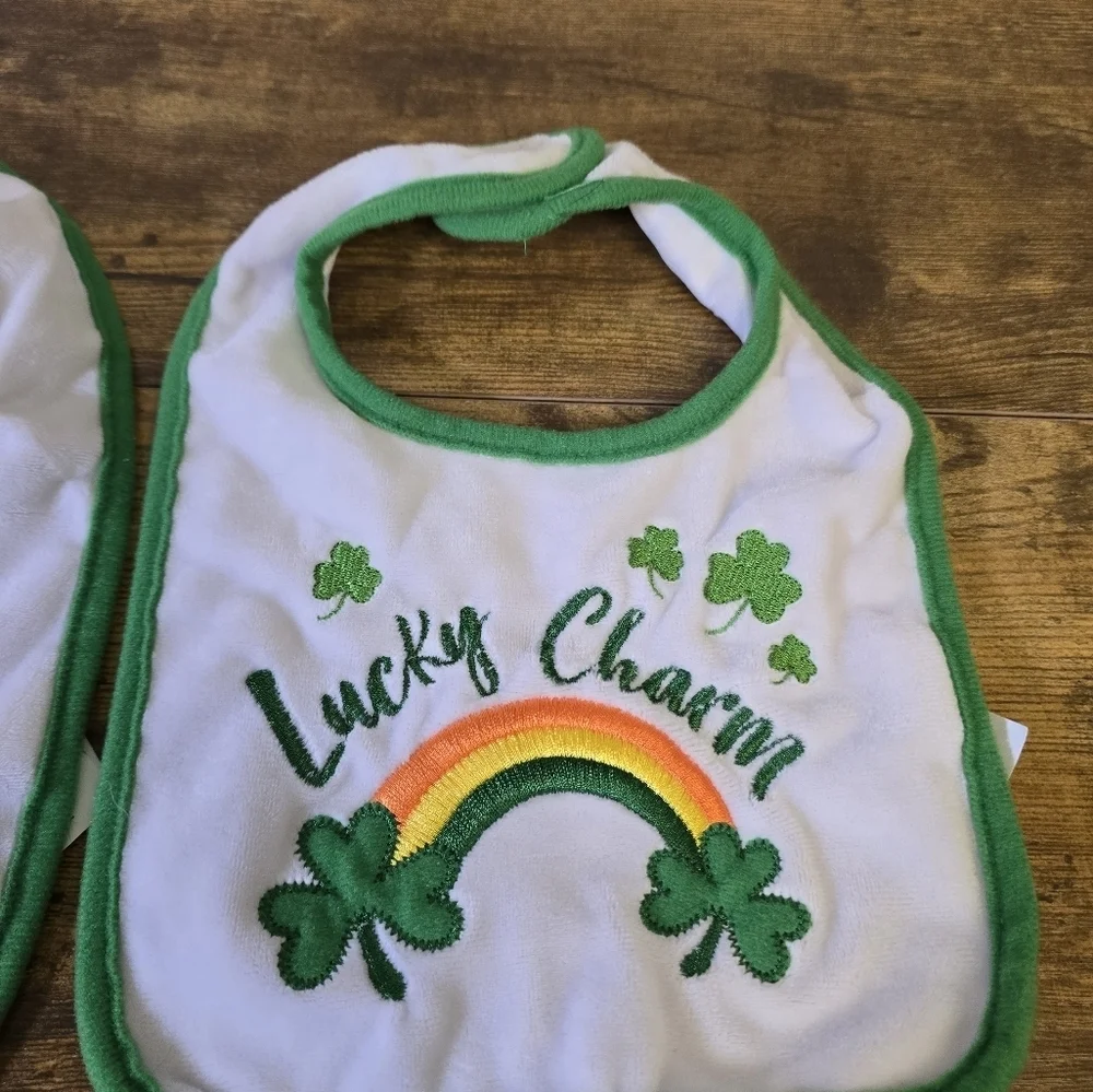 St Patrick's day Lucky Charm Baby Bibs Set of 2 Green and White